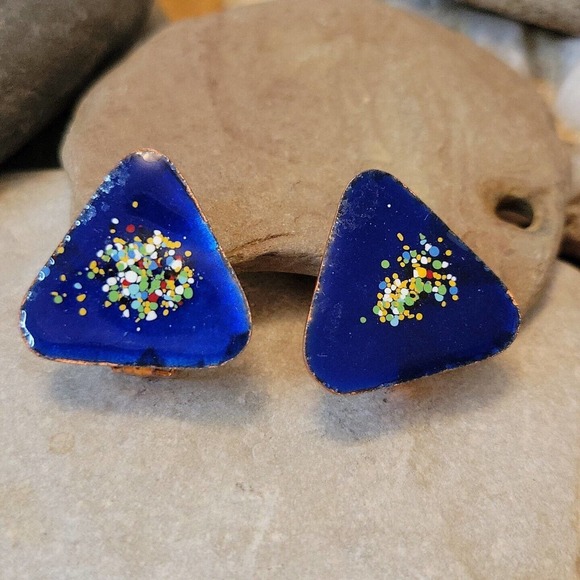 Mid Century Enamel on Copper Clip On Earrings Modernist Atomic Style Deep Blue - Picture 1 of 6